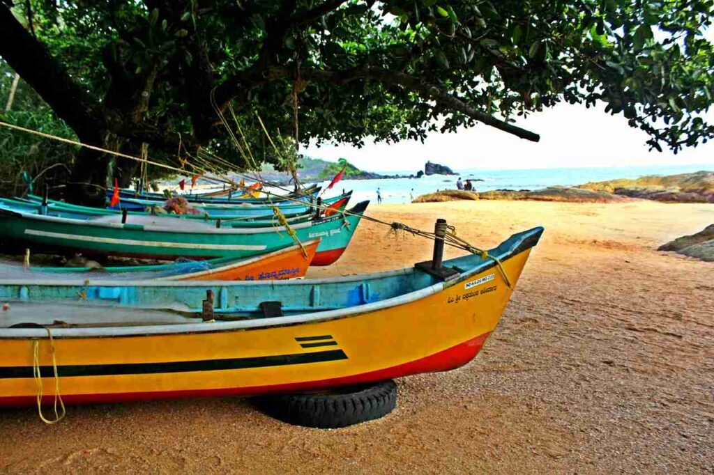 a row of boats on a beach