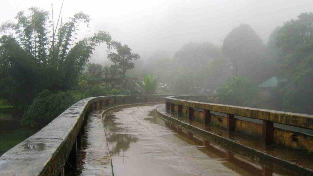 a wet road with a railing
