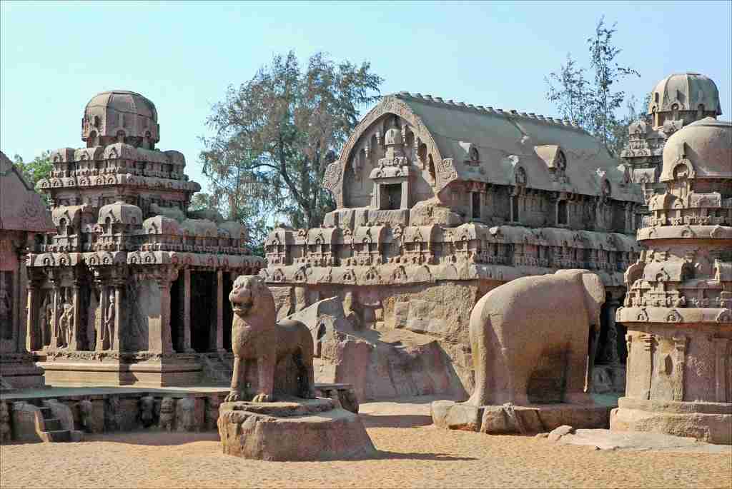 stone statues of animals and buildings
