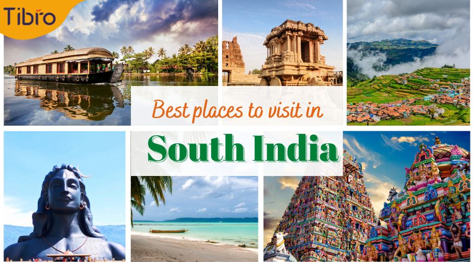 Top tourist destinations in South India: lush tea plantations, ancient temples, serene backwaters, and beautiful beaches, adiyogi statue
